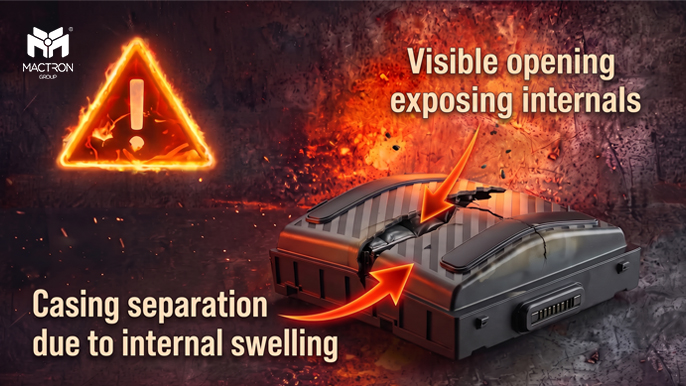Visible opening exposing internals Casing separation due to internal swelling