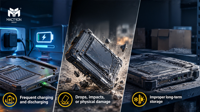 Frequent charging  and discharging、Drops, impacts,or physical damage、Improper long-term storage