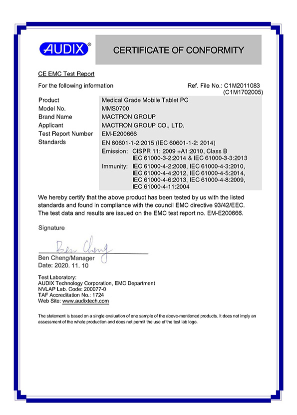 Certification IEC60601 MMS0700